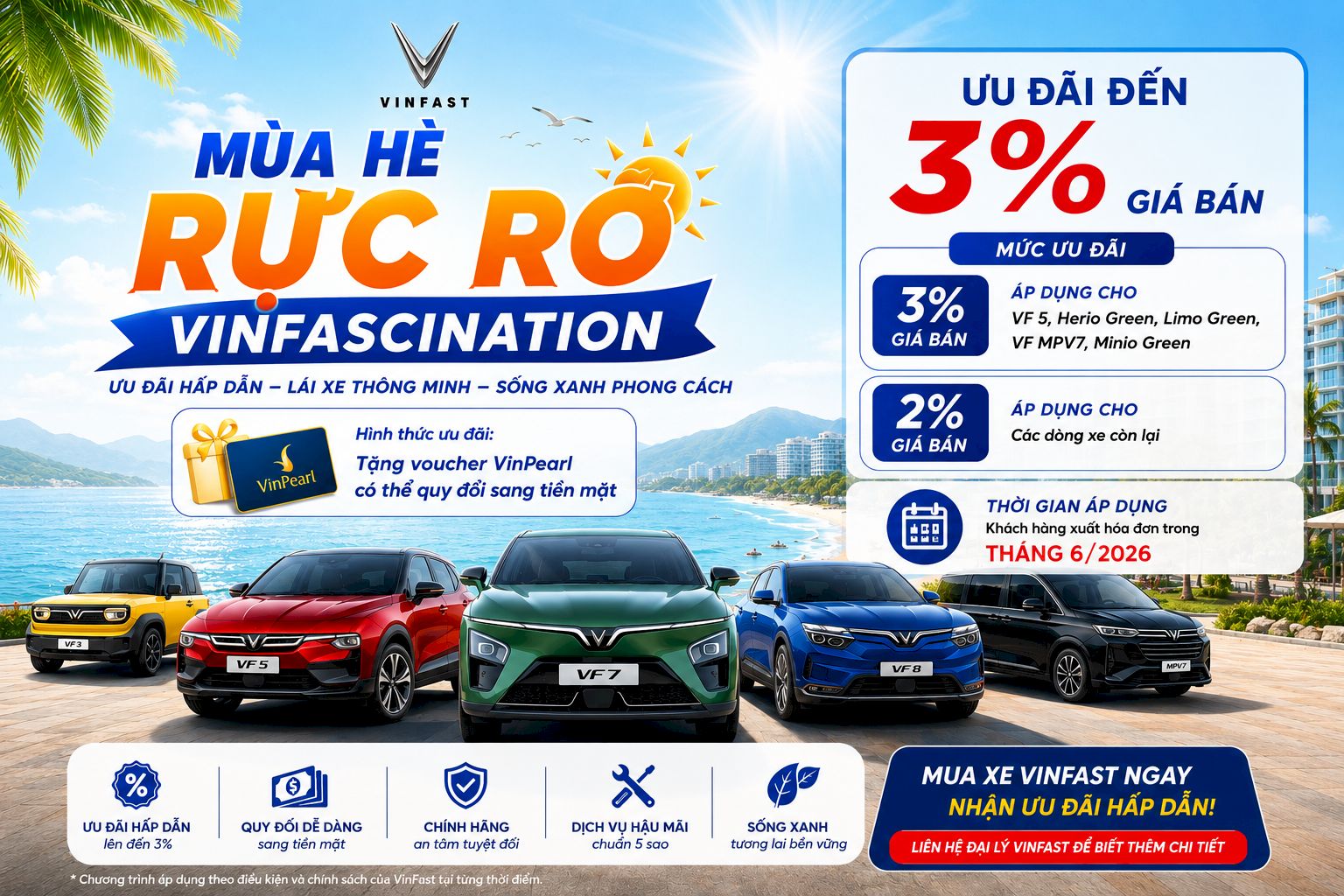 Mùa Hè Rực Rỡ – VinFascination Tháng 6/2026: Nhận Ưu Đãi Đến 3% Giá Xe VinFast